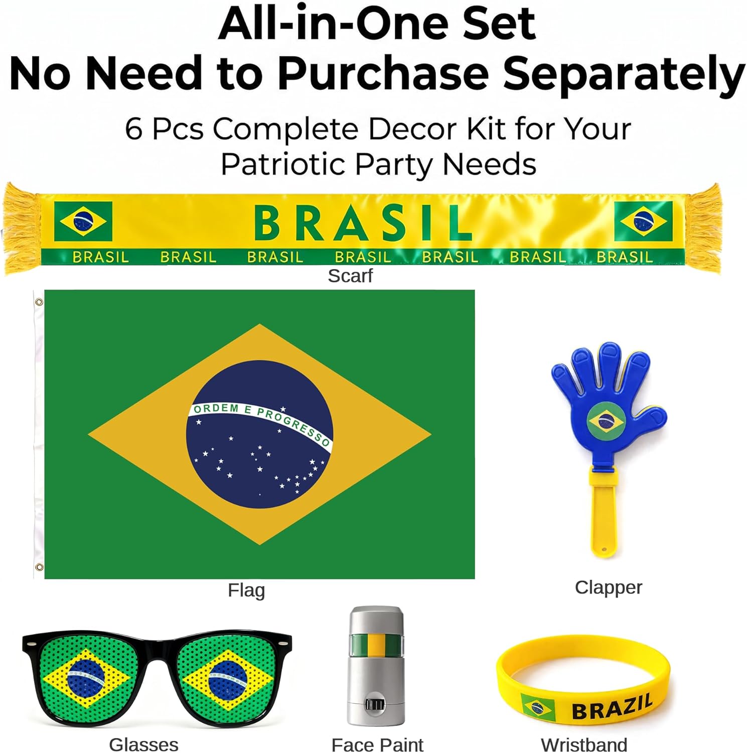 6 Pcs Cheering Set for Game Day Watch Party – Flag, Fan Scarf, Wristband, Flag Glasses, Hand Clapper, Blendable Face Paint Sticks