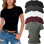 CE' CERDR 3/5 Pack Womens T Shirts Short Sleeve Workout Tops Basic Tees | Crew Neck, Fitted Plain Tshirts, Stretchy Undershirt, Casual Going Out Gym, Summer Layering Clothes, Y2K Crop Tops