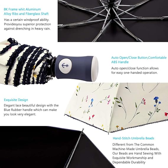 Sun Umbrella Compact Folding Travel Umbrella Auto Open and Close for Windproof, Rainproof & 99.9% UV Protection Parasol with Black Anti-UV Coating