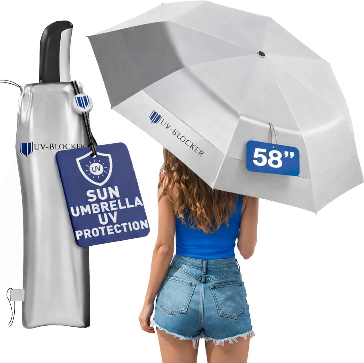 UV-Blocker Sun Umbrella UV Protection Compact - Auto Open/Close - Double Vented Canopy - Wind-resistant Sun Umbrella for Walking