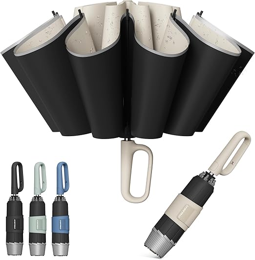 QWB Inverted Umbrella with Carabiner Handle, Compact Wind Proof Umbrellas For Rain and Sun Protection, Portable Reverse Folding Umbrella, Car Umbrella for Women Men, 10 Ribs