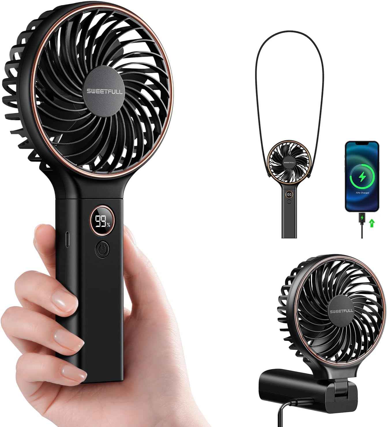 SWEETFULL Handheld Portable Fan, 5000mAh Rechargeable Battery, 6 Speed Wind, LED Digital Display, Foldable Electric Personal Mini Travel Fan with Backup Power, Summer Essentials Gifts for Women Girl