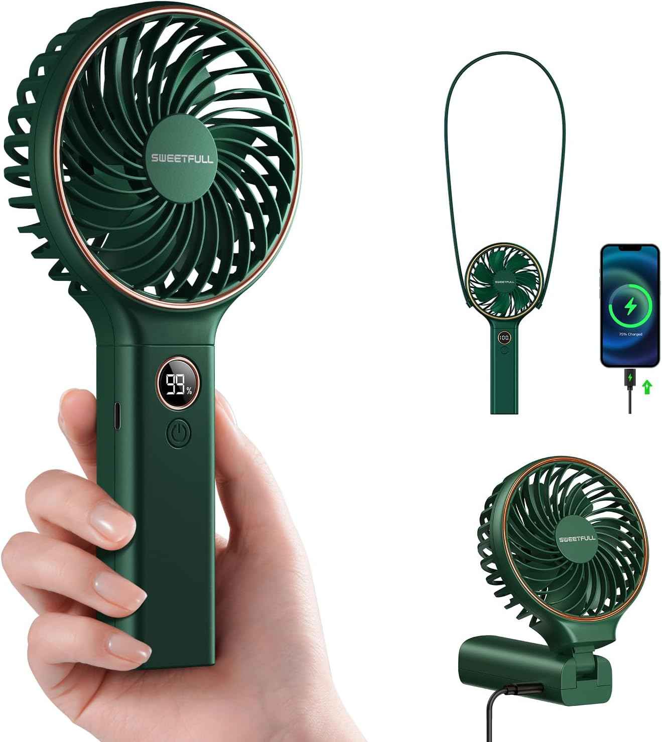SWEETFULL Handheld Portable Fan, 5000mAh Rechargeable Battery, 6 Speed Wind, LED Digital Display, Foldable Electric Personal Mini Travel Fan with Backup Power, Summer Essentials Gifts for Women Girl