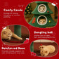 Cat playhouse with text describing features on a red background