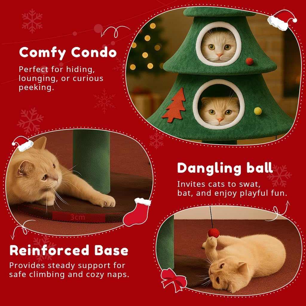 Cat playhouse with text describing features on a red background
