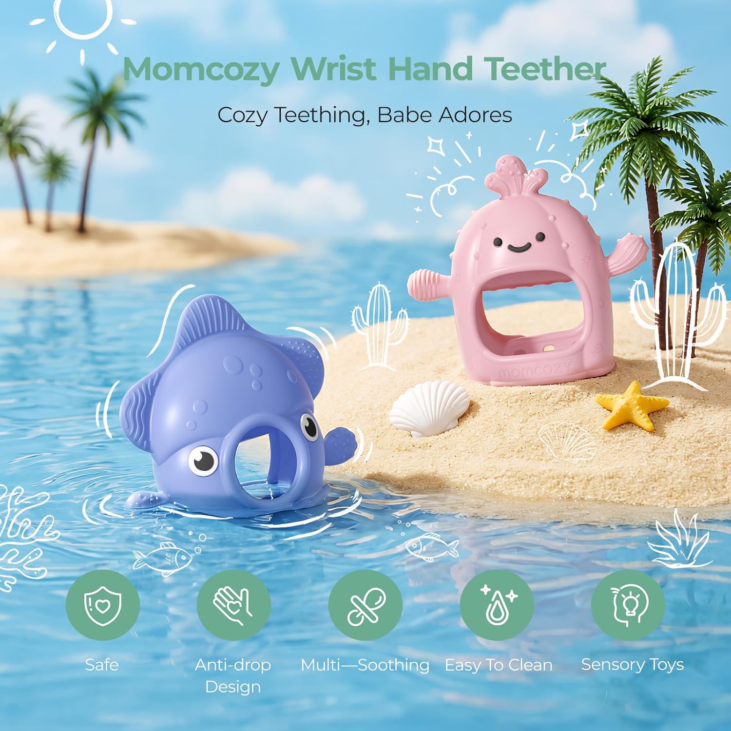 Momcozy 2 Pack Baby Teething Toys, Food Grade Silicone Baby Teethers for 0–12 Months, Baby Teether Mitten Wrist Teether Set, Easy Grip Teething Relief with Multiple Chew Points