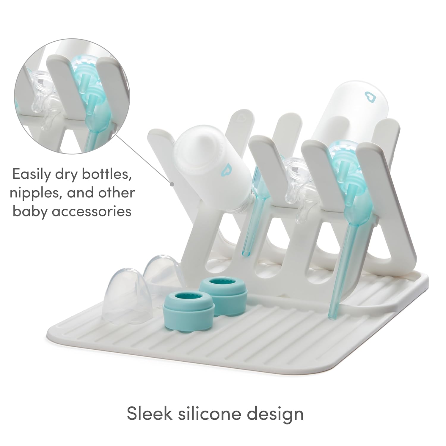Munchkin Bottle Drying Rack and Mat, Holds 8 Bottles, Pump Parts, Pacifiers, & Accessories, Space Saving Folding Design, Home and Travel Use, Silicone, White