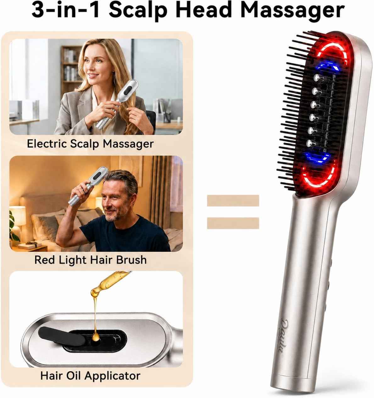 Dayln Electric Scalp Massager Hair Oil Applicator, Cordless Vibration Head Massager, Red Light Hair Brush, Deep Clean Comb for Home & Travel Silver