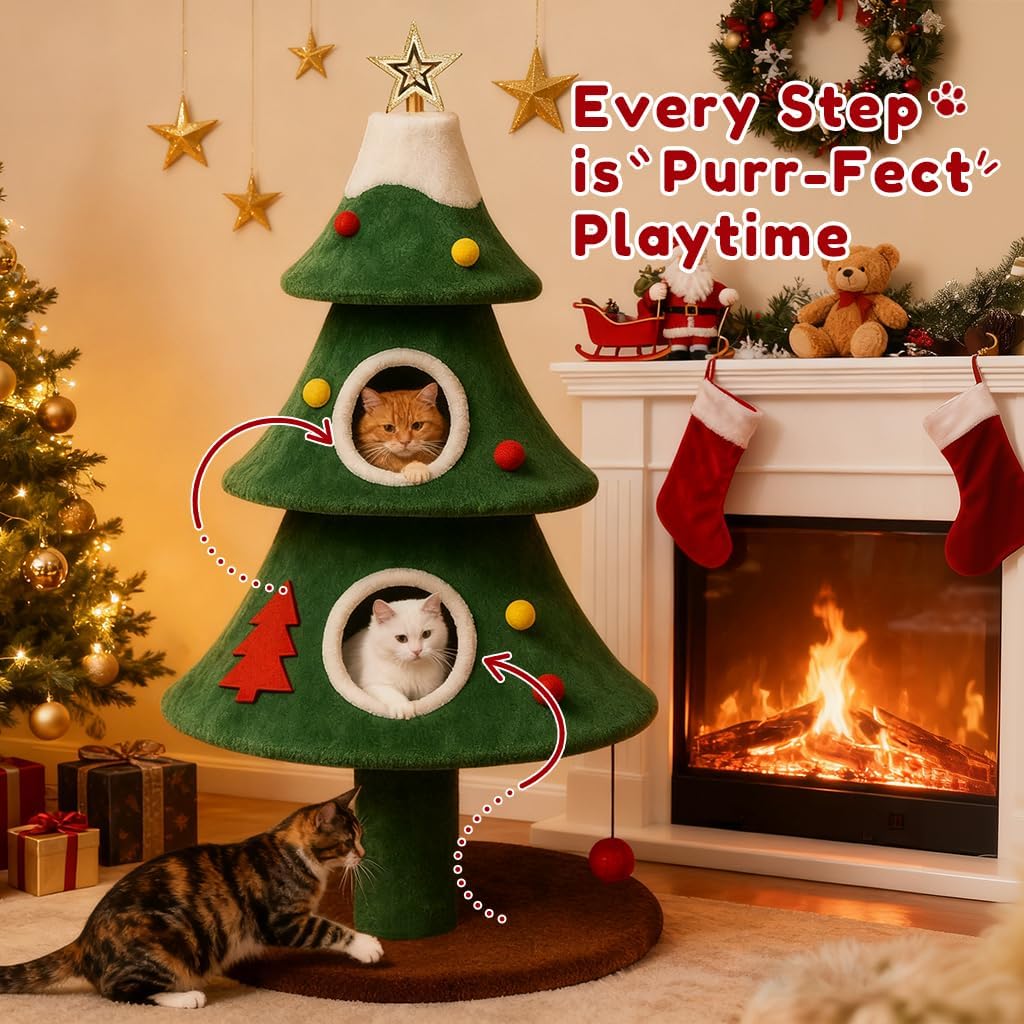 Green cat tree with two cats playing, Christmas decorations, and a fireplace.