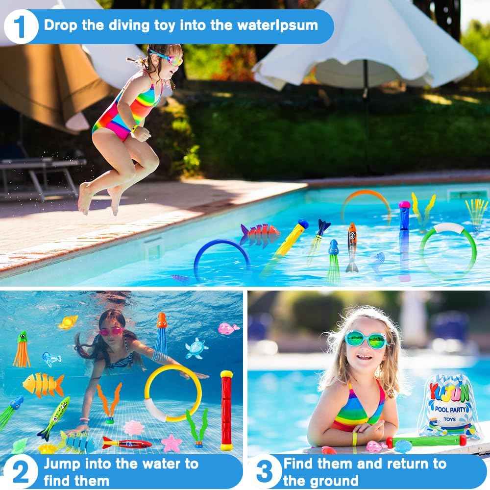 YUJUN Pool Diving Swimming Toys, Summer Underwater Game Toys with Pool Fishes Dive Sticks Rings Gems Storage Bag for Kids Swim Birthday Party Favors