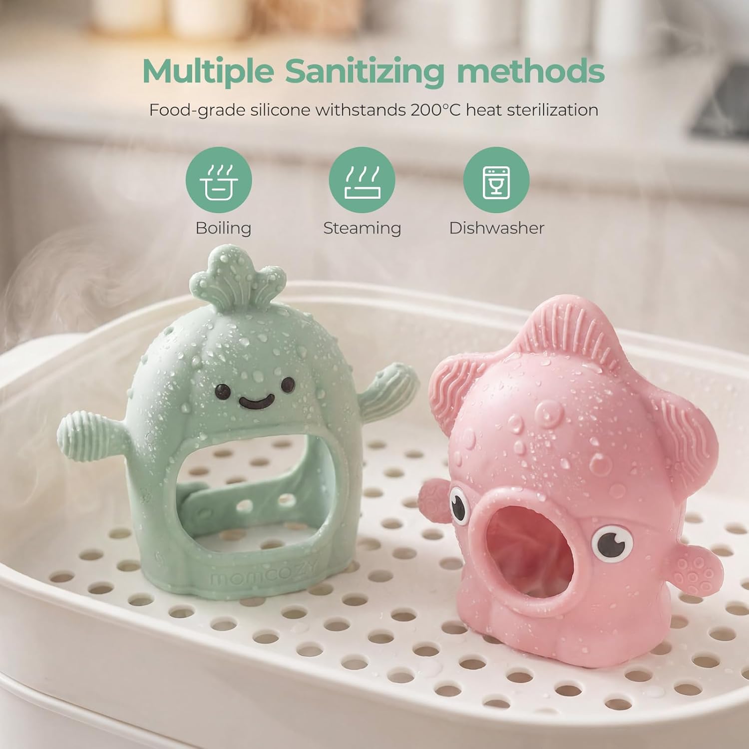 Momcozy 2 Pack Baby Teething Toys, Food Grade Silicone Baby Teethers for 0–12 Months, Baby Teether Mitten Wrist Teether Set, Easy Grip Teething Relief with Multiple Chew Points