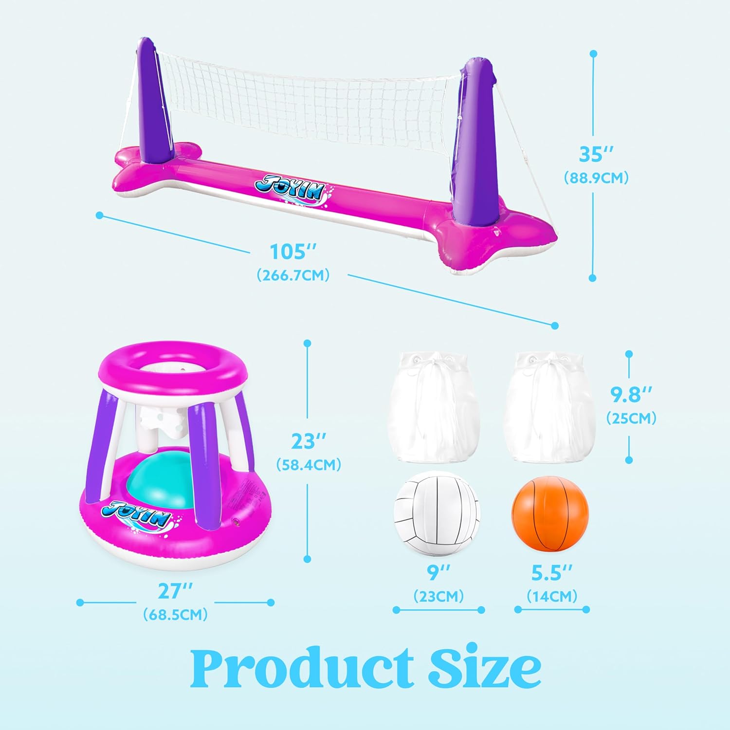 JOYIN Inflatable Pool Float Set Volleyball Net & Basketball Hoops, Balls Included for Kids and Adults Swimming Game Toy, Summer Floaties, Volleyball Court |Basketball