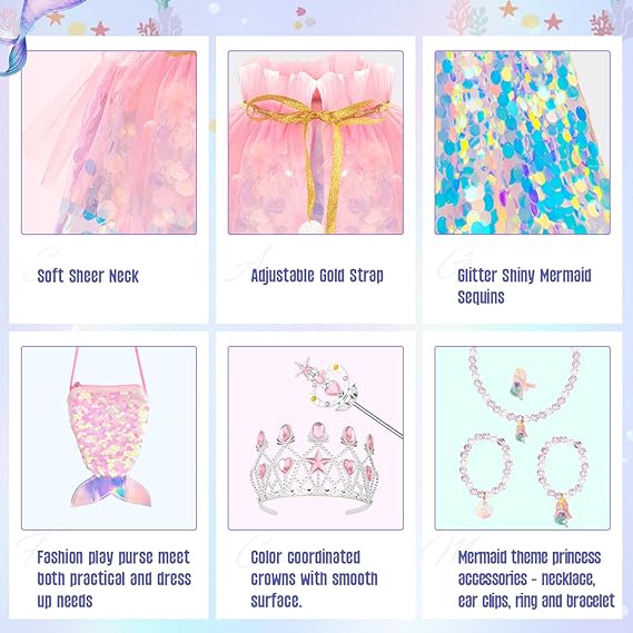 Meland Princess Dress Up for Girls 3-8, Mermaid Cape with Crown, Dress Up Clothes Birthday Gift Toys for Girls Toddlers