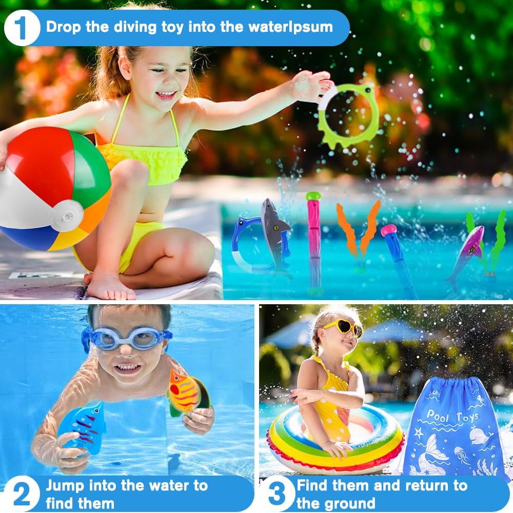 YUJUN Pool Diving Swimming Toys, Summer Underwater Game Toys with Pool Fishes Dive Sticks Rings Gems Storage Bag for Kids Swim Birthday Party Favors