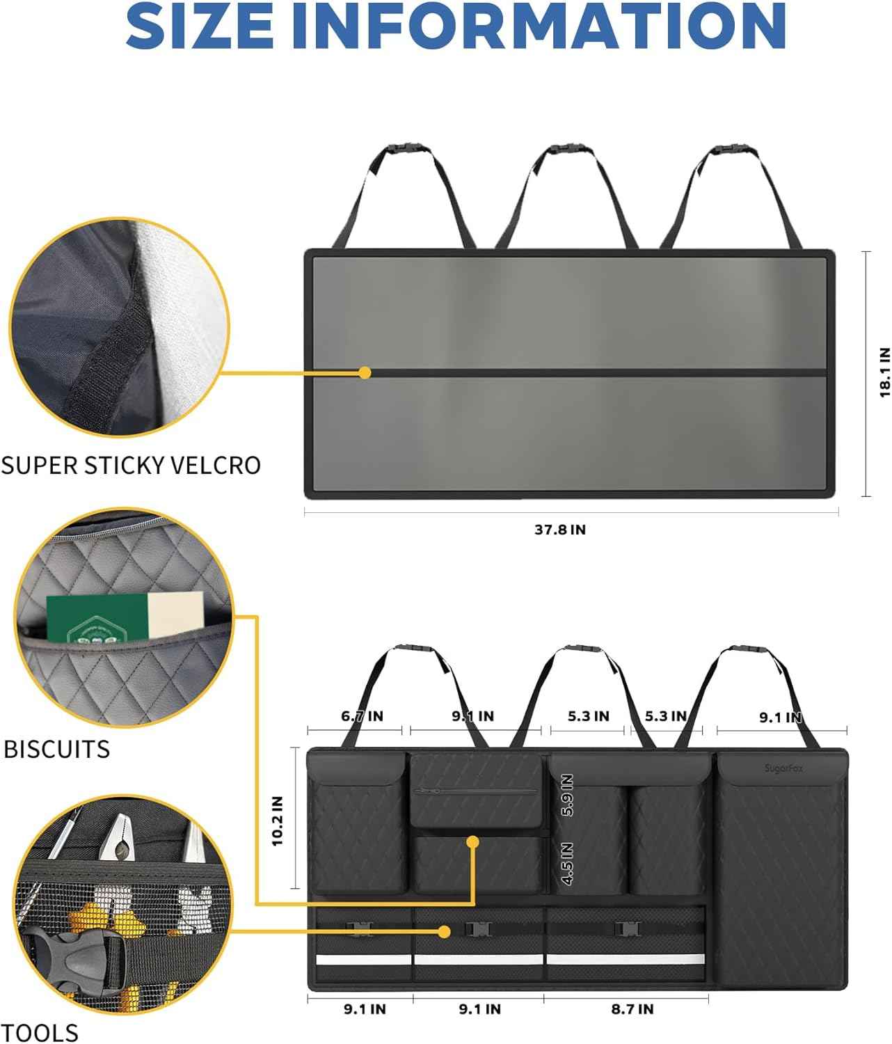SugarFox Backseat Hanging Trunk Organizer for SUVs, Cars, Trucks & MPVs | Multi-Pocket Storage with Anti-Slip Straps | Space-Saving Auto Accessory | Gift for Drivers | 37.8" x 18.1"