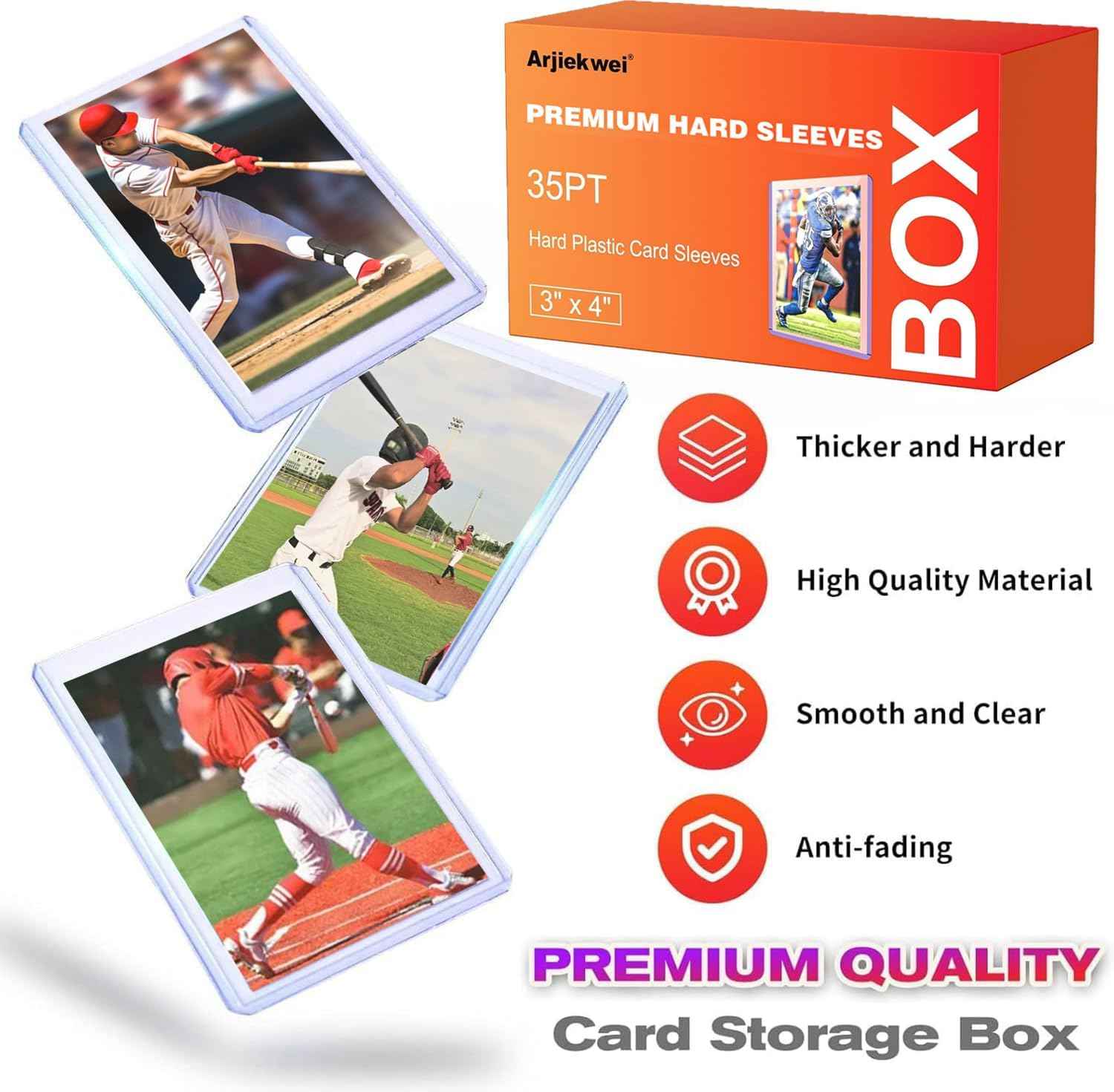 3"X 4" Card Sleeves Hard Plastic, Arjiekwei Baseball Cards Protectors Plastic, Premium Card Sleeve Holder for Trading Sports Baseball Football Game Cards (100 Rigid Sleeves)