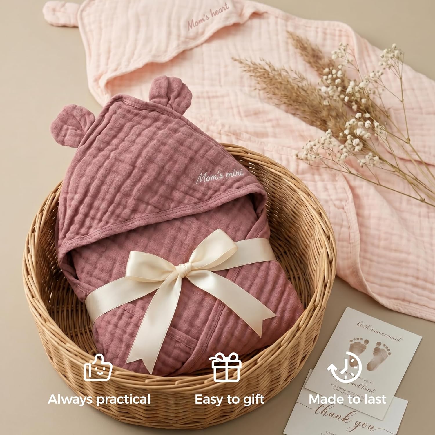 Momcozy Baby Towels, 6-Layer 100% Cotton Muslin Hooded Baby Towel Set for Newborn, Infant & Toddler, Soft Absorbent Baby Bath Essentials, Large 32 x 32 Inch