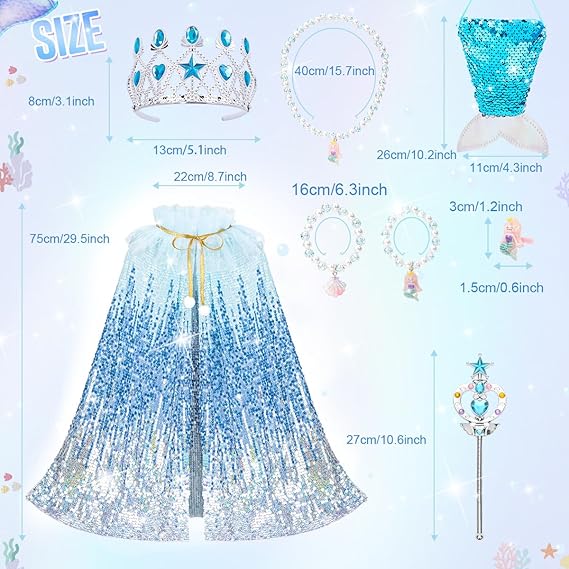 Meland Princess Dress Up for Girls 3-8, Mermaid Cape with Crown, Dress Up Clothes Birthday Gift Toys for Girls Toddlers