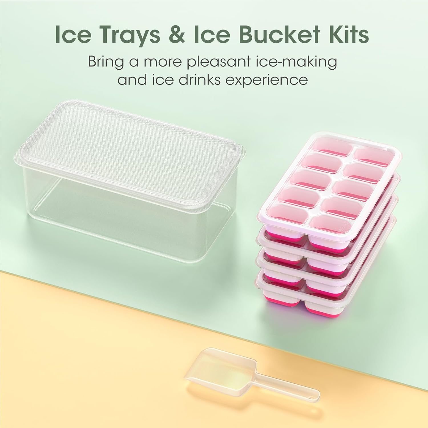 DOQAUS Ice Cube Tray with Lid and Bin - 4 Pack Silicone Ice Cube Trays for Freezer, Stackable Ice Bucket Kits with Storage Container & Scoop for Kitchen
