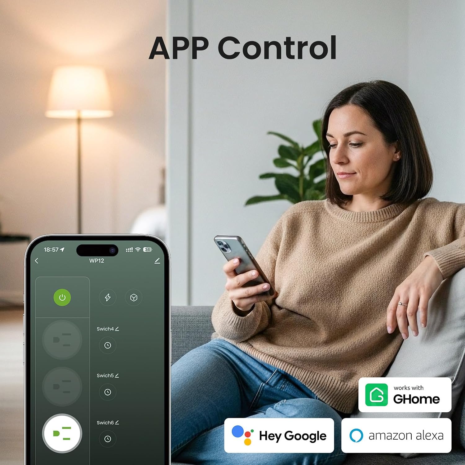 GHome Smart Power Strip, WiFi Surge Protector with 6 Individually Controlled Outlets, 3 USB Ports (2 USB-A and 1 USB-C), Compatible with Alexa & Google Home, Flat Plug, for Home Office