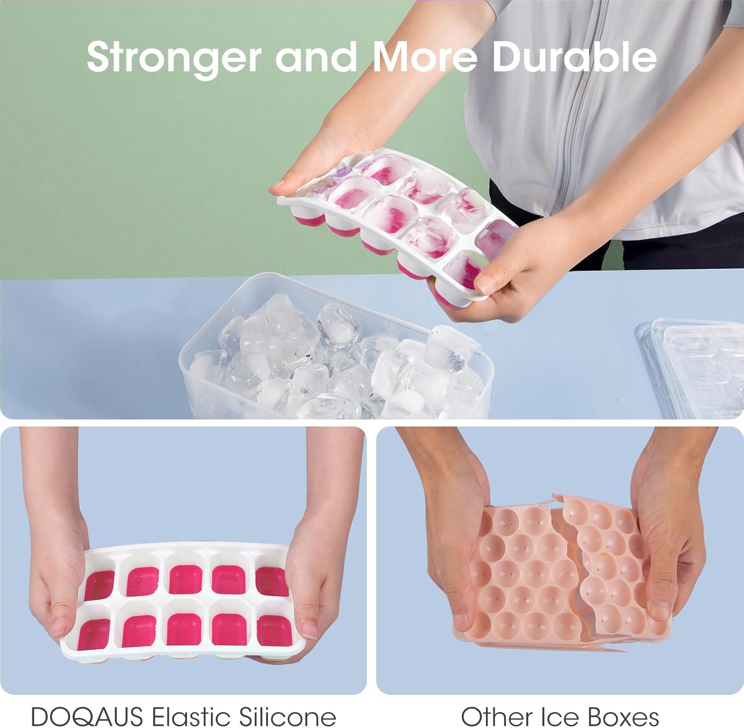 DOQAUS Ice Cube Tray with Lid and Bin - 4 Pack Silicone Ice Cube Trays for Freezer, Stackable Ice Bucket Kits with Storage Container & Scoop for Kitchen
