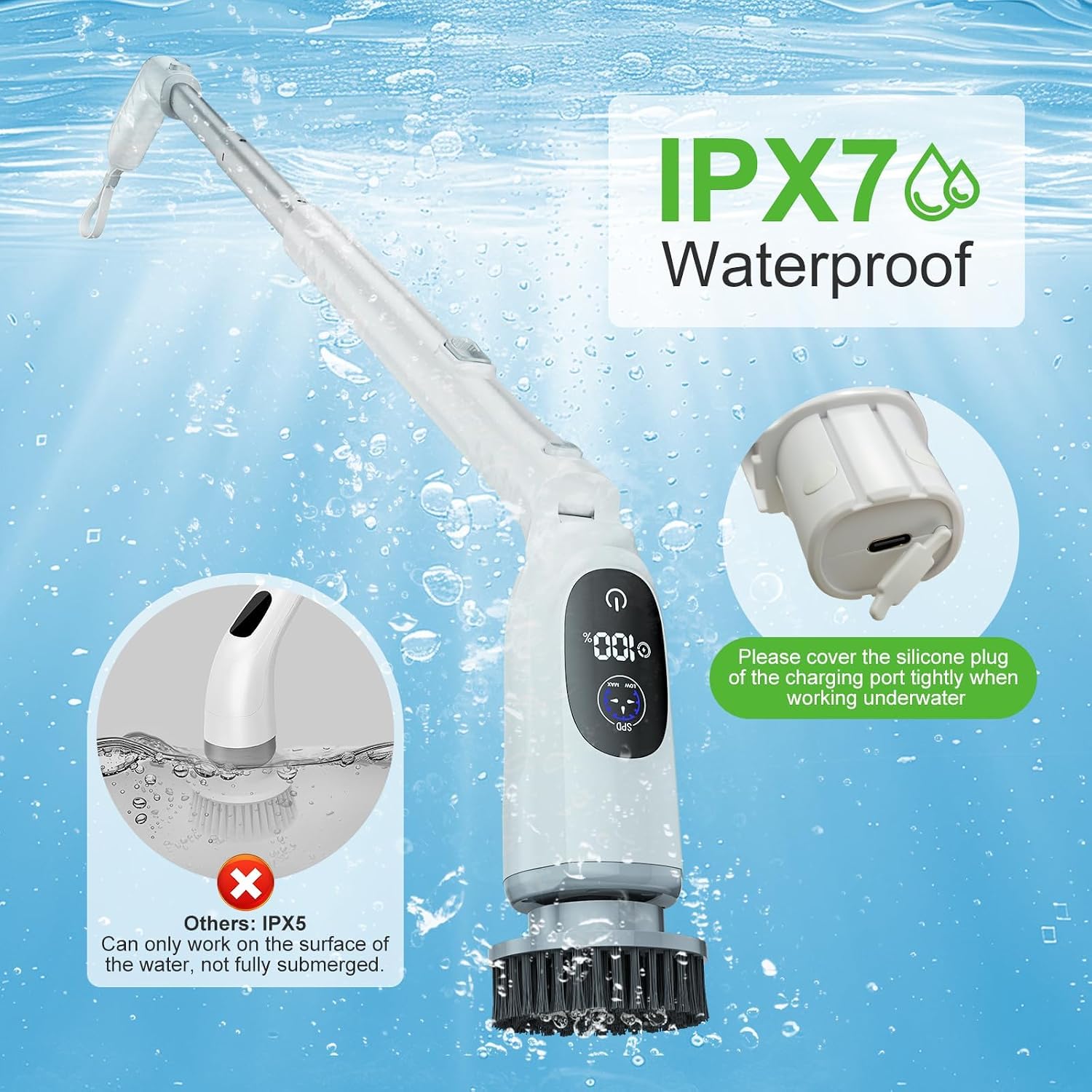 Electric Spin Scrubber, Cordless Cleaning Brush, 3H Work Time, Bathroom Scrubber with LED Display, 3-Speed Extendable Handle, IPX7 Waterproof, 8 Brush Heads for Shower, Tile, Tub, Floor, Toilet, Grout
