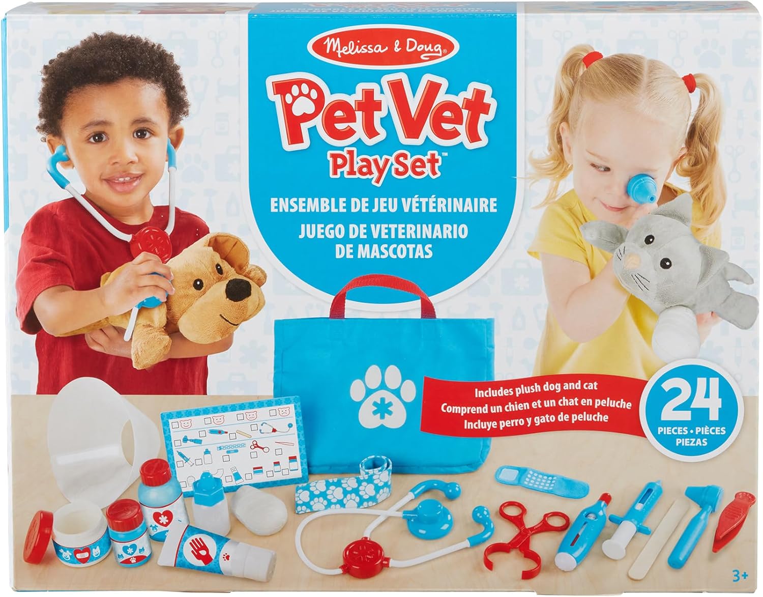 Examine and Treat Pet Vet Play Set, 24-Piece Animal Doctor Playset with Dog & Cat Plushies, Pet Doctor Kit & Accessories, Preschool Toys for Girls & Boys Ages 3+