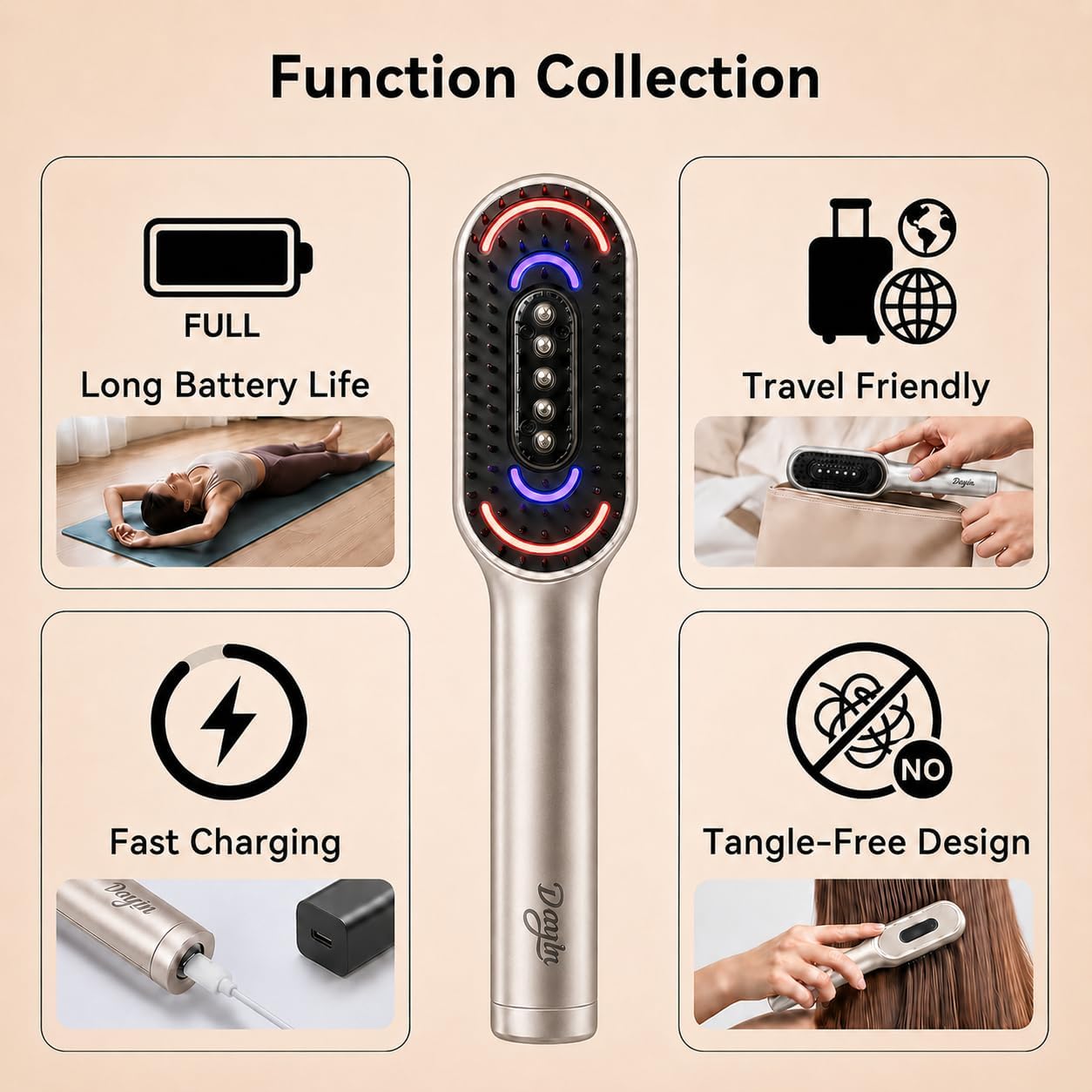 Dayln Electric Scalp Massager Hair Oil Applicator, Cordless Vibration Head Massager, Red Light Hair Brush, Deep Clean Comb for Home & Travel Silver