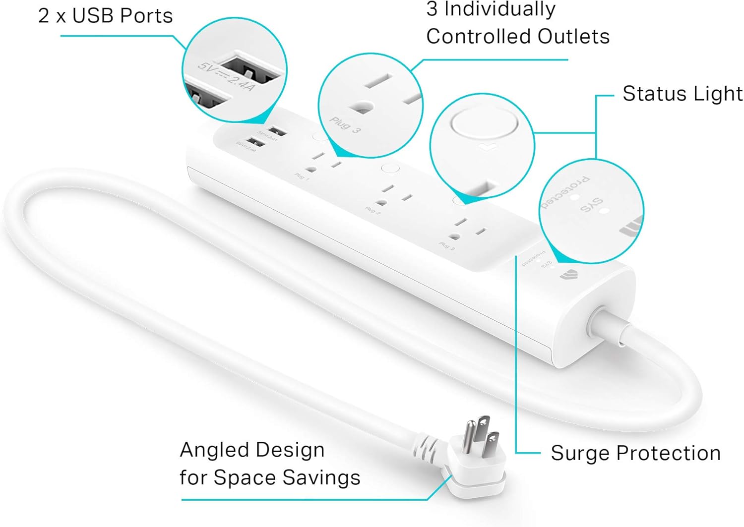kasa smart Plug Power Strip KP303, Surge Protector with 3 Individually Controlled Smart Outlets and 2 USB Ports, Works with Alexa & Google Home, No Hub Required , White | Surge Protector with 3 Individually Controlled Smart Outlets and 2 USB Ports