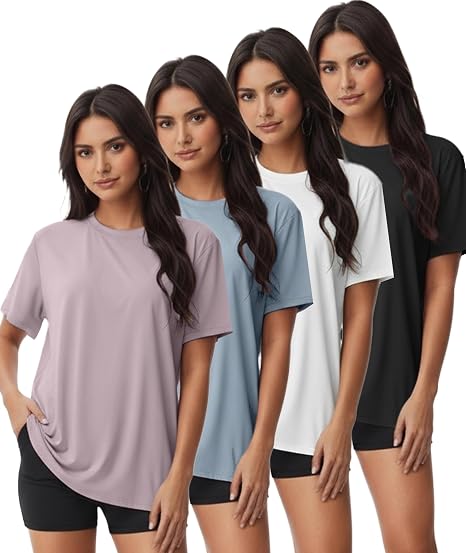 Kinglaman 4 Pack Women Basic T Shirts Tees Workout Short Sleeve Casual Tops | Loose fit, Crew neck, Athletic gym tops, Soft fabric for daily workout wear