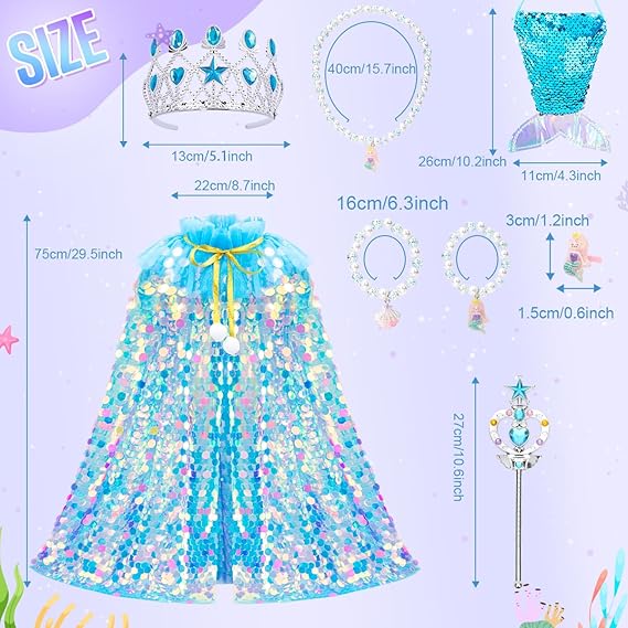 Meland Princess Dress Up for Girls 3-8, Mermaid Cape with Crown, Dress Up Clothes Birthday Gift Toys for Girls Toddlers