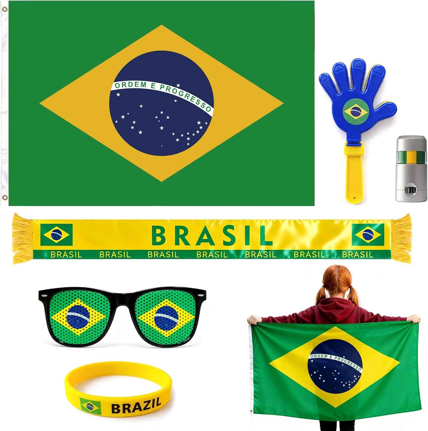 6 Pcs Cheering Set for Game Day Watch Party – Flag, Fan Scarf, Wristband, Flag Glasses, Hand Clapper, Blendable Face Paint Sticks