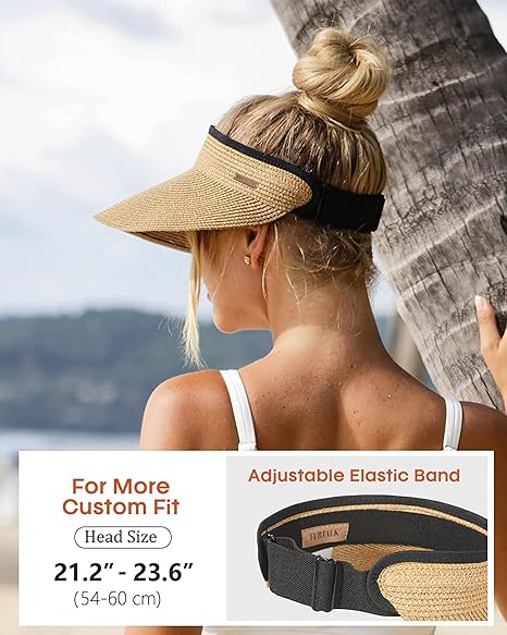 Womens Sun Visor Hat Straw Sun Visors for Women Summer Packable Ponytail Beach Hats for Women Travel UPF 80+
