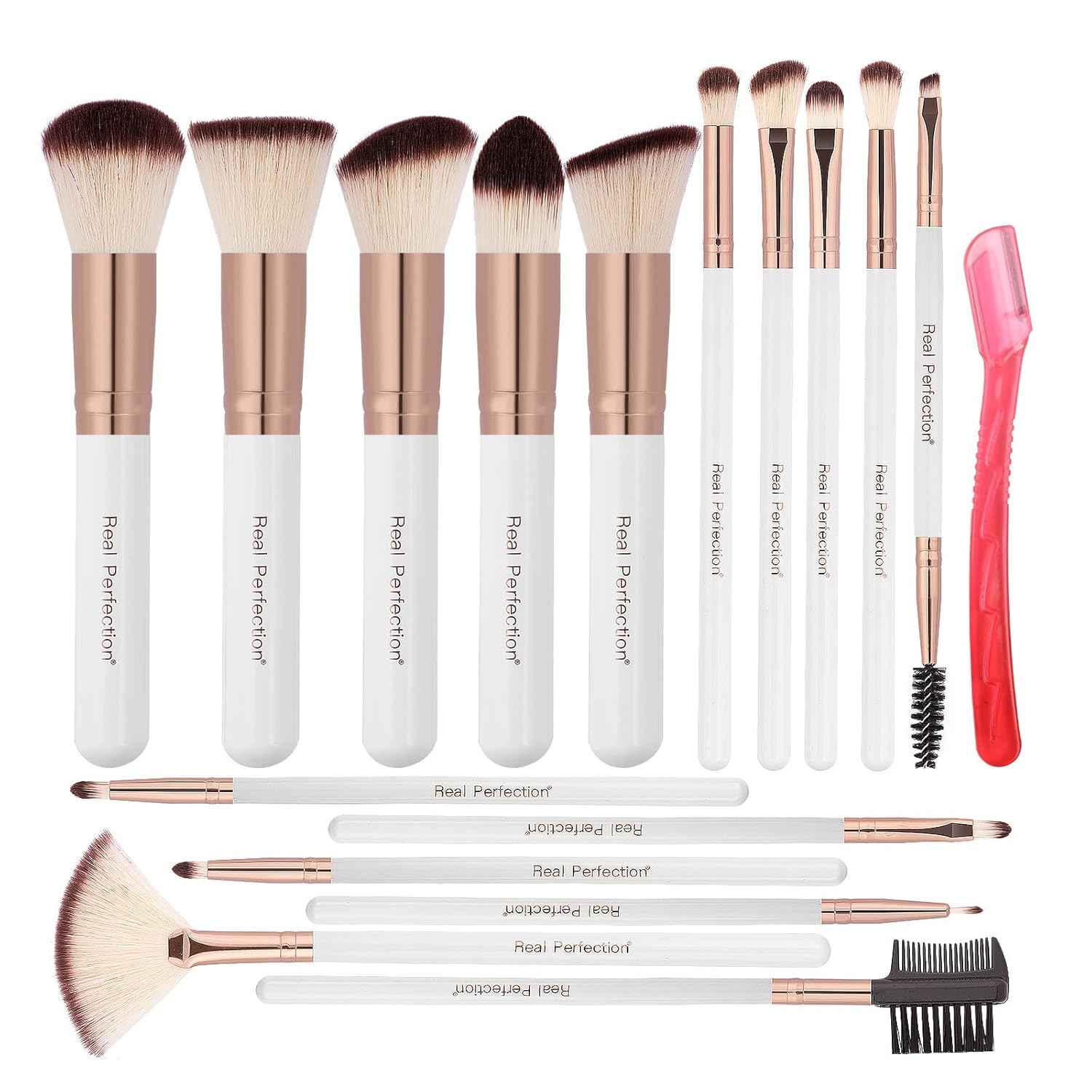 Real Perfection Makeup Brush Set 16 Pcs with 1 Eyebrow Razor Premium Synthetic Foundation Powder Concealers Eyeshadow Blush Makeup Brushes Make up Brushes Kit