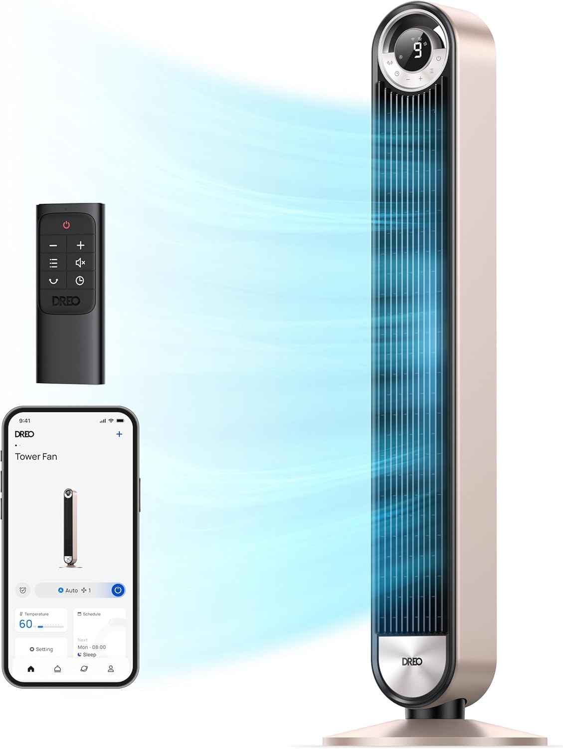 DREO Tower Fan for Bedroom, 90° Oscillating Standing Fan with 28ft/s Velocity, 20dB Quiet for Sleep, DC Motor, 9 Speeds, 4 Modes, 12H Timer, Voice & APP & Remote Control, Starlight