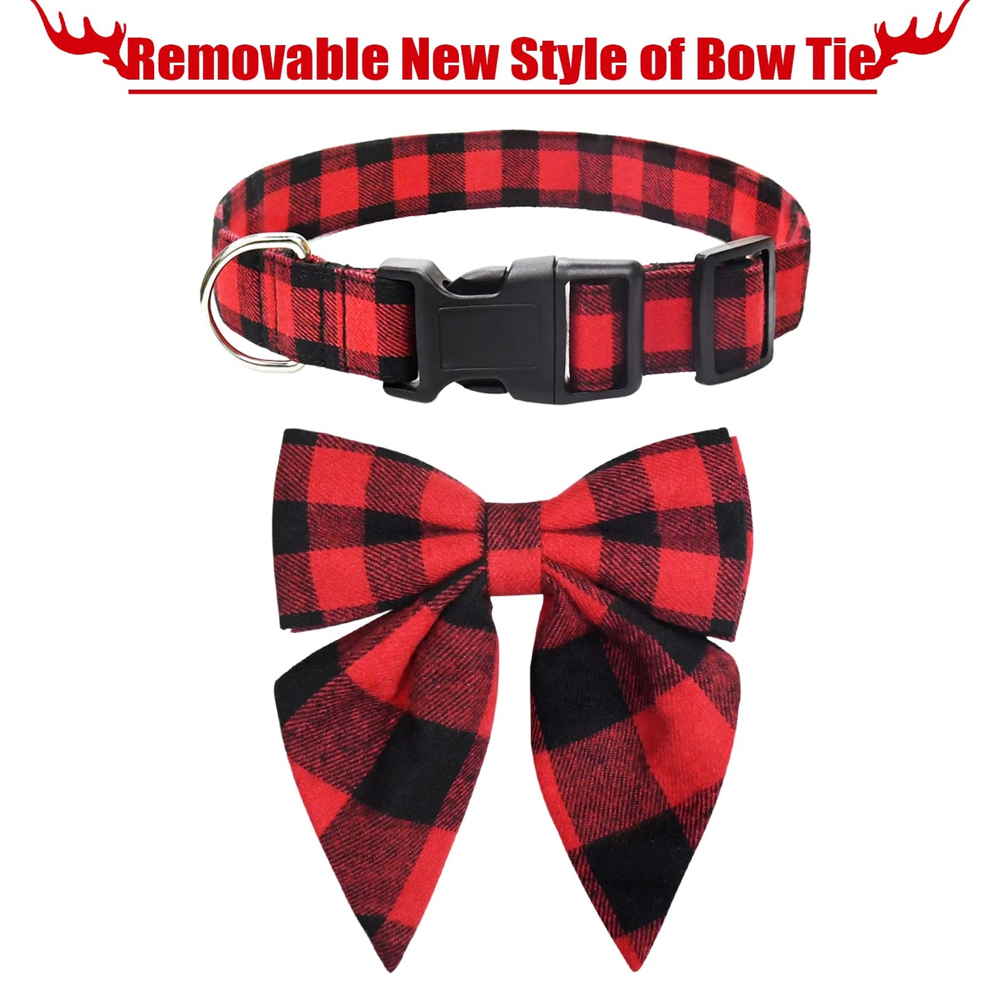 Christmas Dog Collar with Bow Tie – Plaid Adjustable Collar for Pets