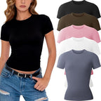 CE' CERDR 3/5 Pack Womens T Shirts Short Sleeve Workout Tops Basic Tees | Crew Neck, Fitted Plain Tshirts, Stretchy Undershirt, Casual Going Out Gym, Summer Layering Clothes, Y2K Crop Tops