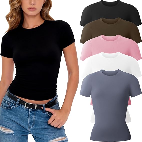 CE' CERDR 3/5 Pack Womens T Shirts Short Sleeve Workout Tops Basic Tees | Crew Neck, Fitted Plain Tshirts, Stretchy Undershirt, Casual Going Out Gym, Summer Layering Clothes, Y2K Crop Tops