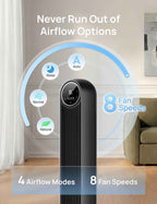 DREO Tower Fan for Bedroom, 2026 Upgraded DC Motor, 28ft/s High Velocity, 20dB Ultra Quiet Standing Fan, 8 Speeds 4 Modes, 90° Oscillating Bladeless Fan for Indoors, Floor Fans with Remote