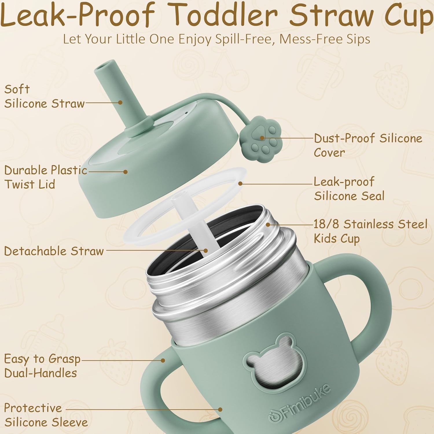 Fimibuke Sippy Cups for Toddlers, 10 OZ Spill Proof Kids Cup, Leak Proof Stainless Steel Tumbler with Handle, Silicone Straw & Sleeve, BPA Free Dishwasher Safe Girl Boy Kids Water Bottle, 2 Packs
