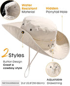 Sun Hats for Women Ponytail Wide Brim Summer Packable Cowboy Hat | 100% Nylon, Convertible Cowboy Style, Foldable & Packable, Adjustable Drawstring, Ideal for Hiking, Gardening, Beach Boating