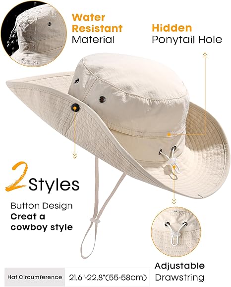 Sun Hats for Women Ponytail Wide Brim Summer Packable Cowboy Hat | 100% Nylon, Convertible Cowboy Style, Foldable & Packable, Adjustable Drawstring, Ideal for Hiking, Gardening, Beach Boating