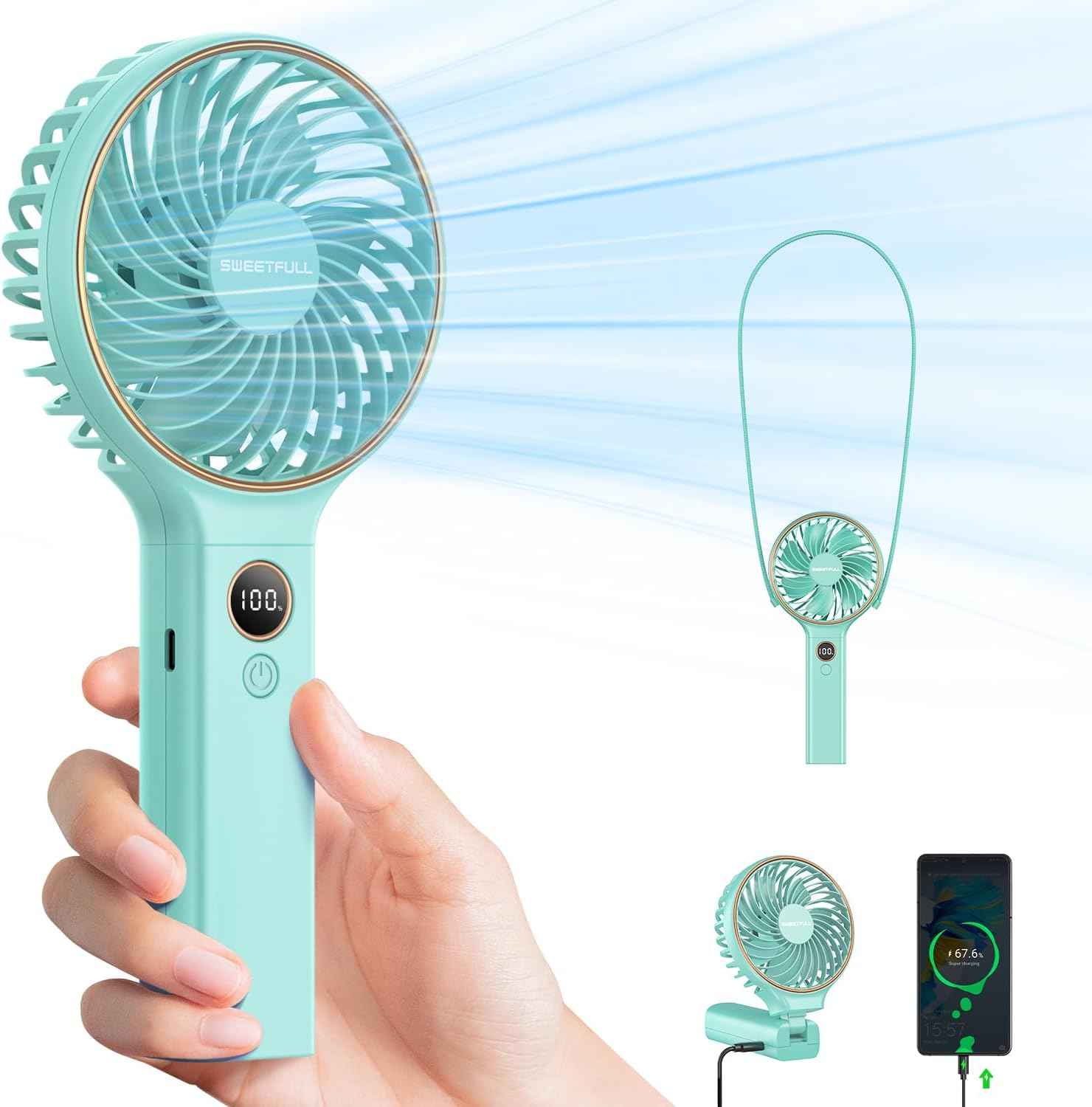 SWEETFULL Handheld Portable Fan, 5000mAh Rechargeable Battery, 6 Speed Wind, LED Digital Display, Foldable Electric Personal Mini Travel Fan with Backup Power, Summer Essentials Gifts for Women Girl