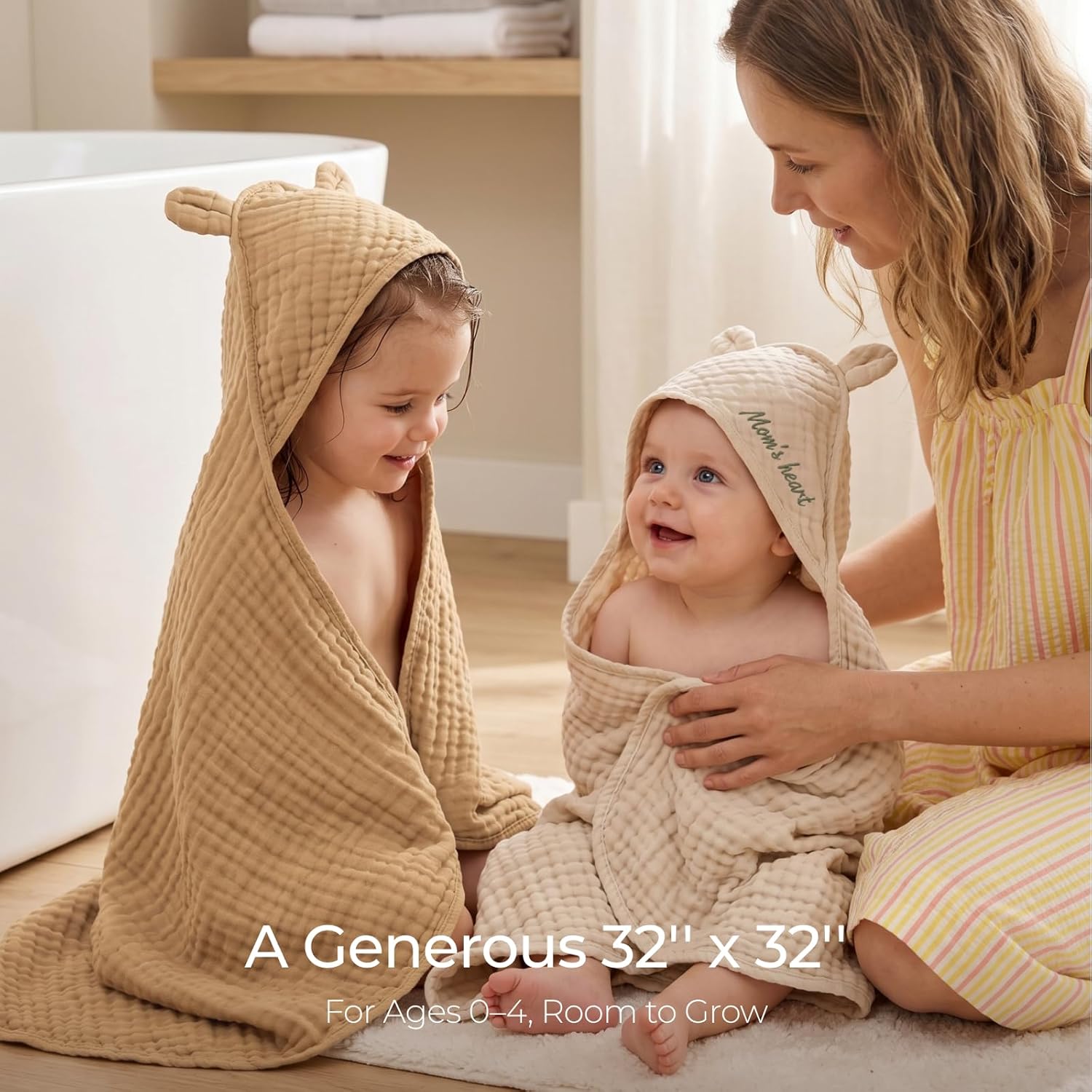 Momcozy Baby Towels, 6-Layer 100% Cotton Muslin Hooded Baby Towel Set for Newborn, Infant & Toddler, Soft Absorbent Baby Bath Essentials, Large 32 x 32 Inch