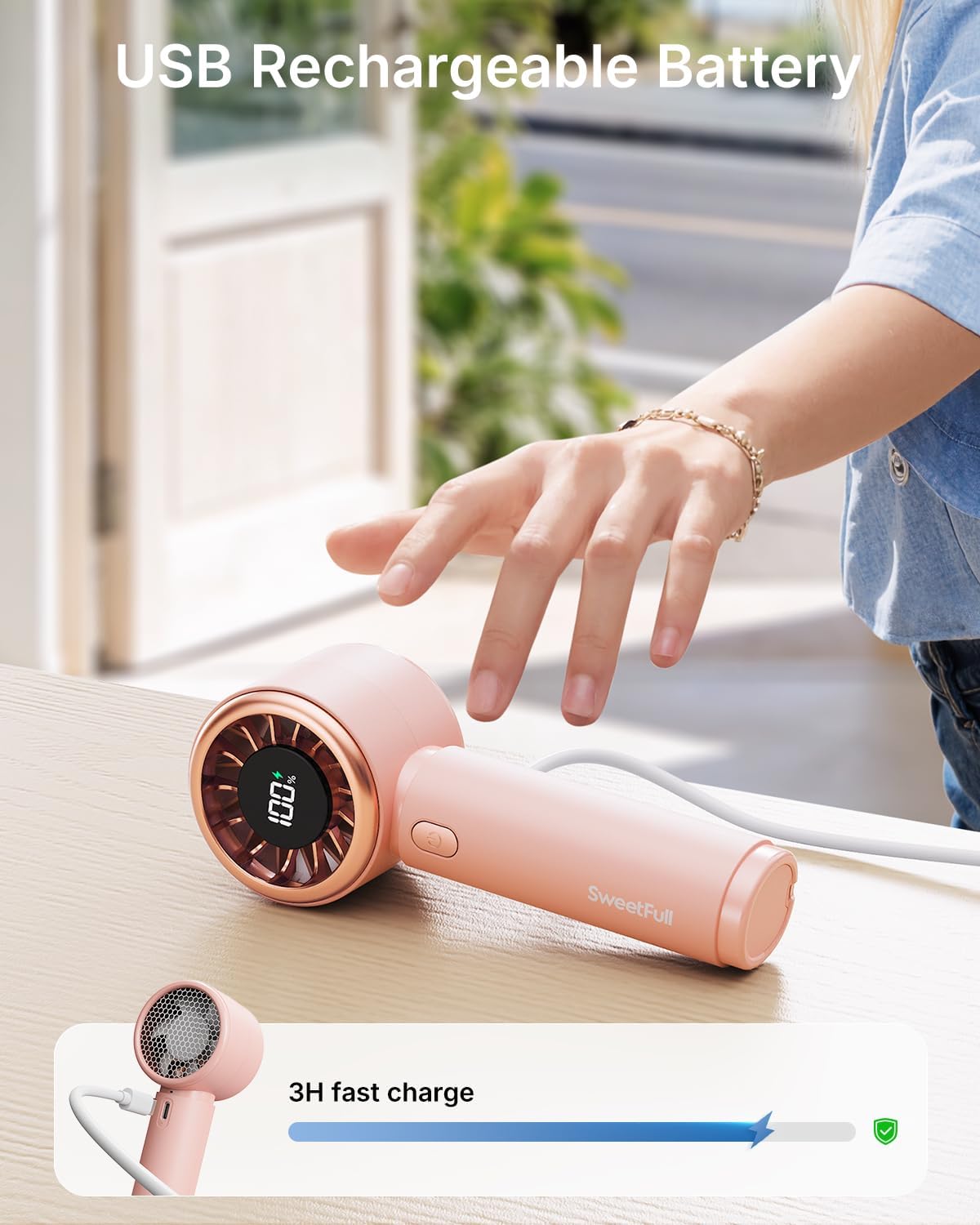 SWEETFULL Mini Fan Portable - Cute Handheld Turbo Fan with Rechargeable Battery, 5 Speeds, Small Hand Personal Travel Essentials for Women, Girls, Kids, Lash, Makeup