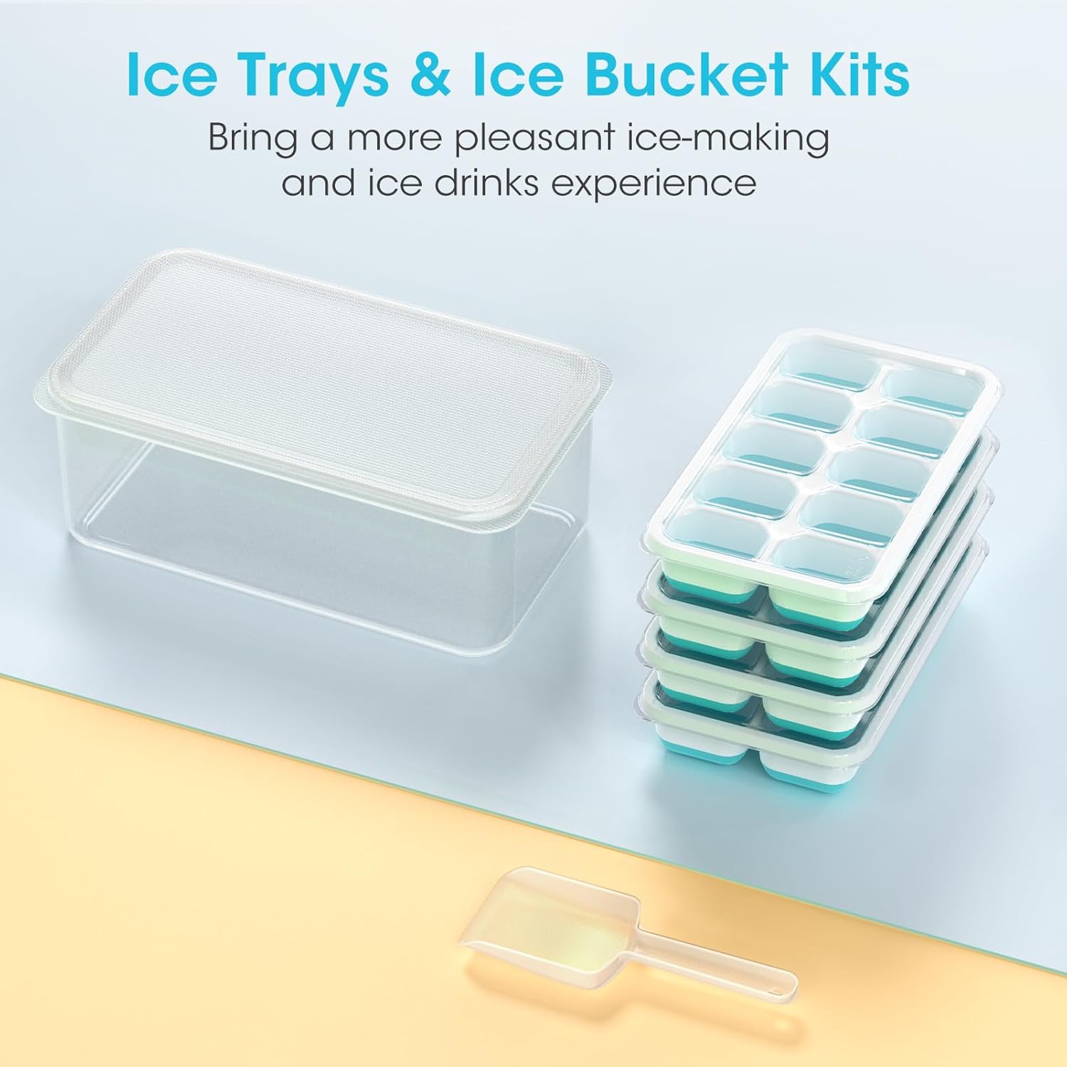 DOQAUS Ice Cube Tray with Lid and Bin - 4 Pack Silicone Ice Cube Trays for Freezer, Stackable Ice Bucket Kits with Storage Container & Scoop for Kitchen