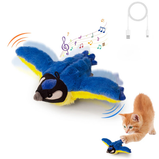 Blue and yellow plush toy with music notes and a cat playing with it on a white background