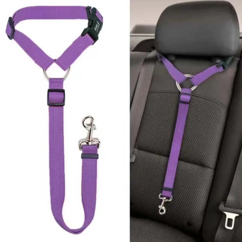 Purple car seat belt harness with a clip on a white background and attached to a car seat.