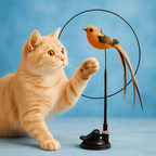 Cat playing with a bird-shaped toy on a blue background