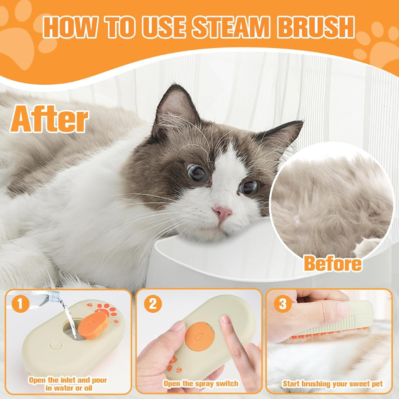 Cat before and after using a steam brush with instructional steps.